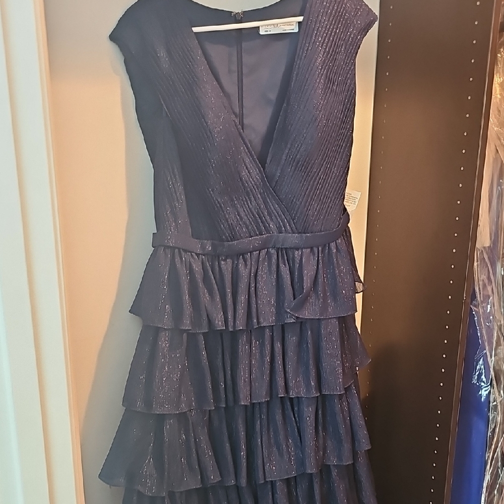 Mac Duggal Shimmering Navy Tiered Midi Dress